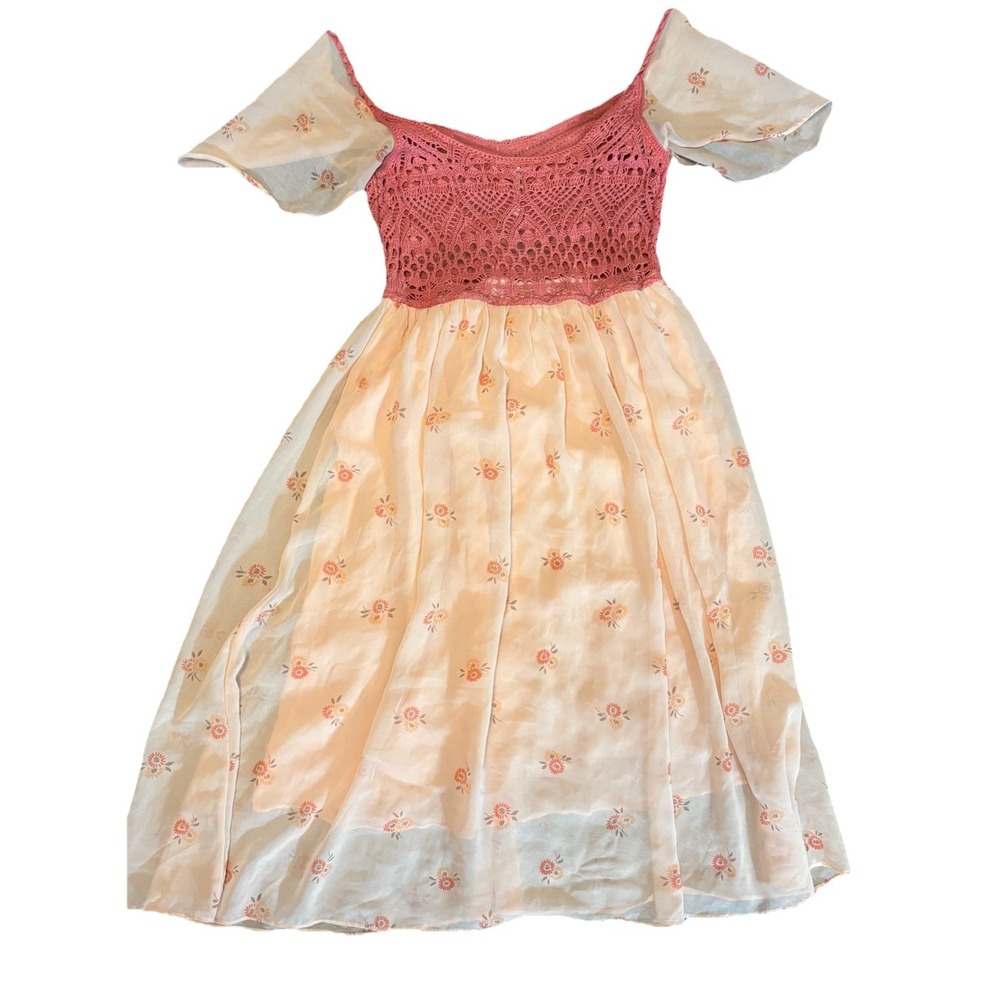 Free People‎ Boho Crochet Bodice Floral Midi Dress Cottagecore Flowy Festival XS